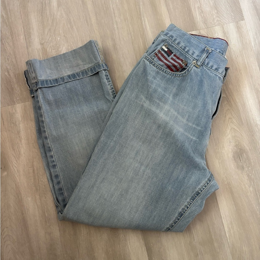 Y2K Tommy Hilfiger Denim Jeans with American Flag - Light Blue size 12